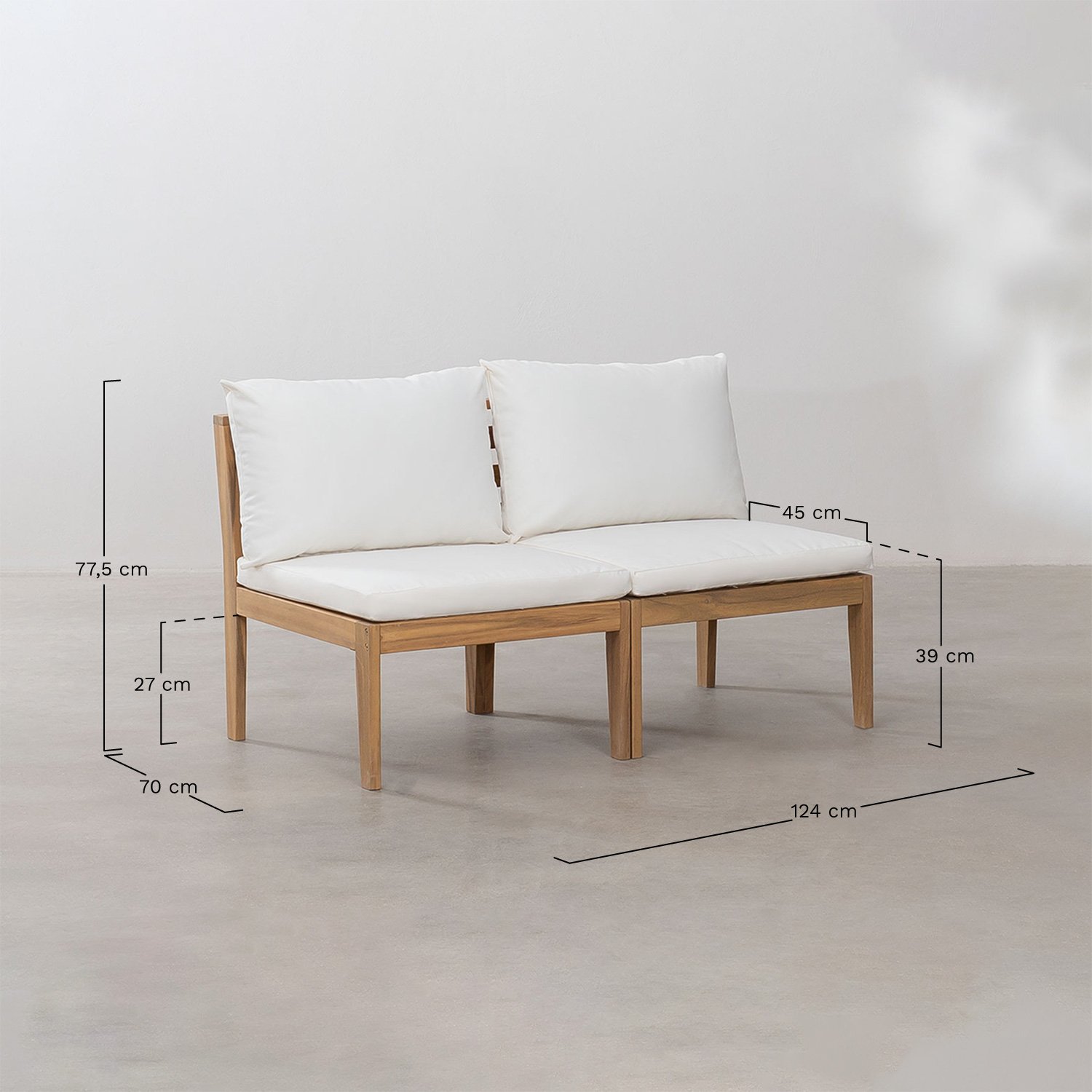 Sofá modular de jardín de 2 piezas en madera de acacia Filips            , medidas