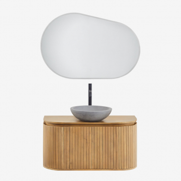 Conjunto De Mueble De Baño Suspendido En Madera De Mango Analis Madera Natural & Redondo Cemento Gris Ø40 Cm Tarsis & Ovalado Led Y - Sklum