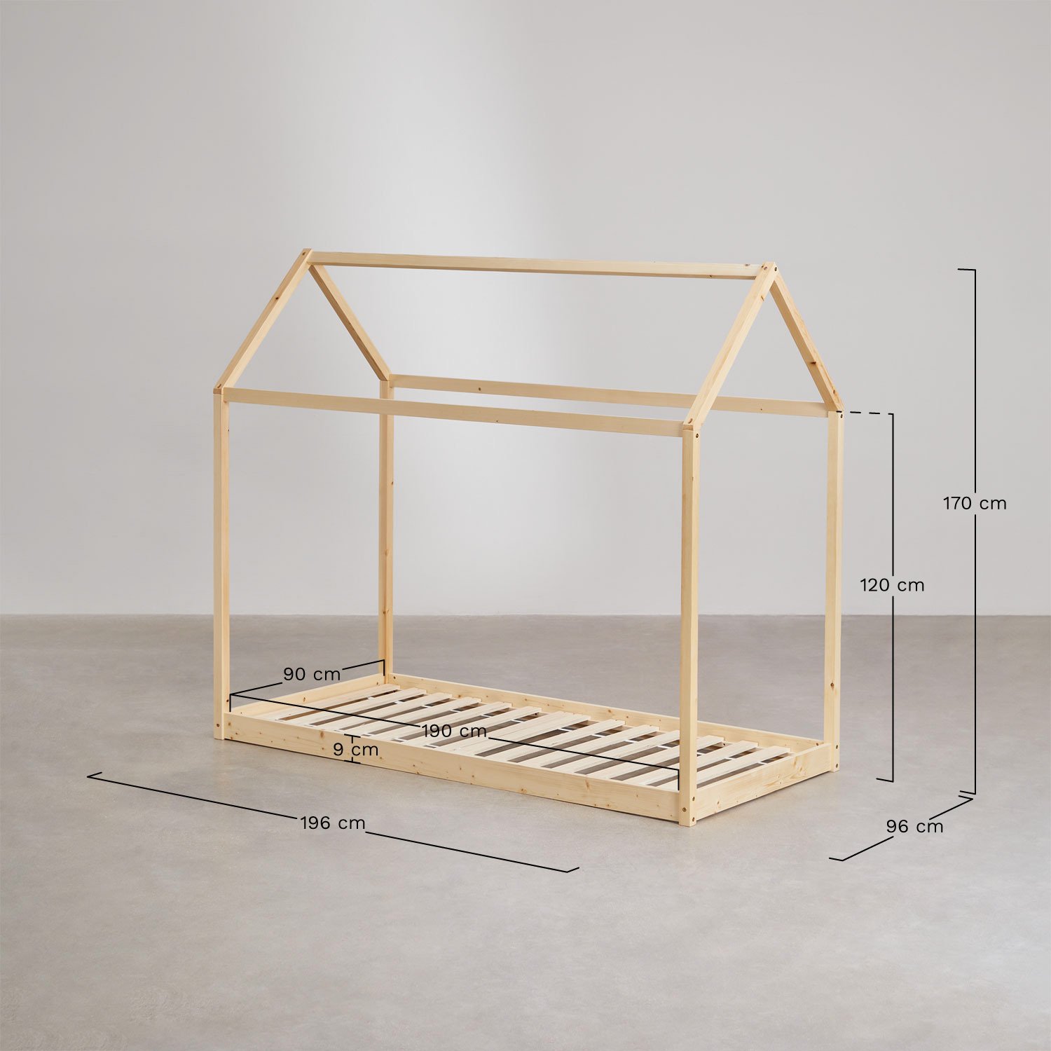 Cama para colchón de 90cm en madera Obbit Kids, medidas