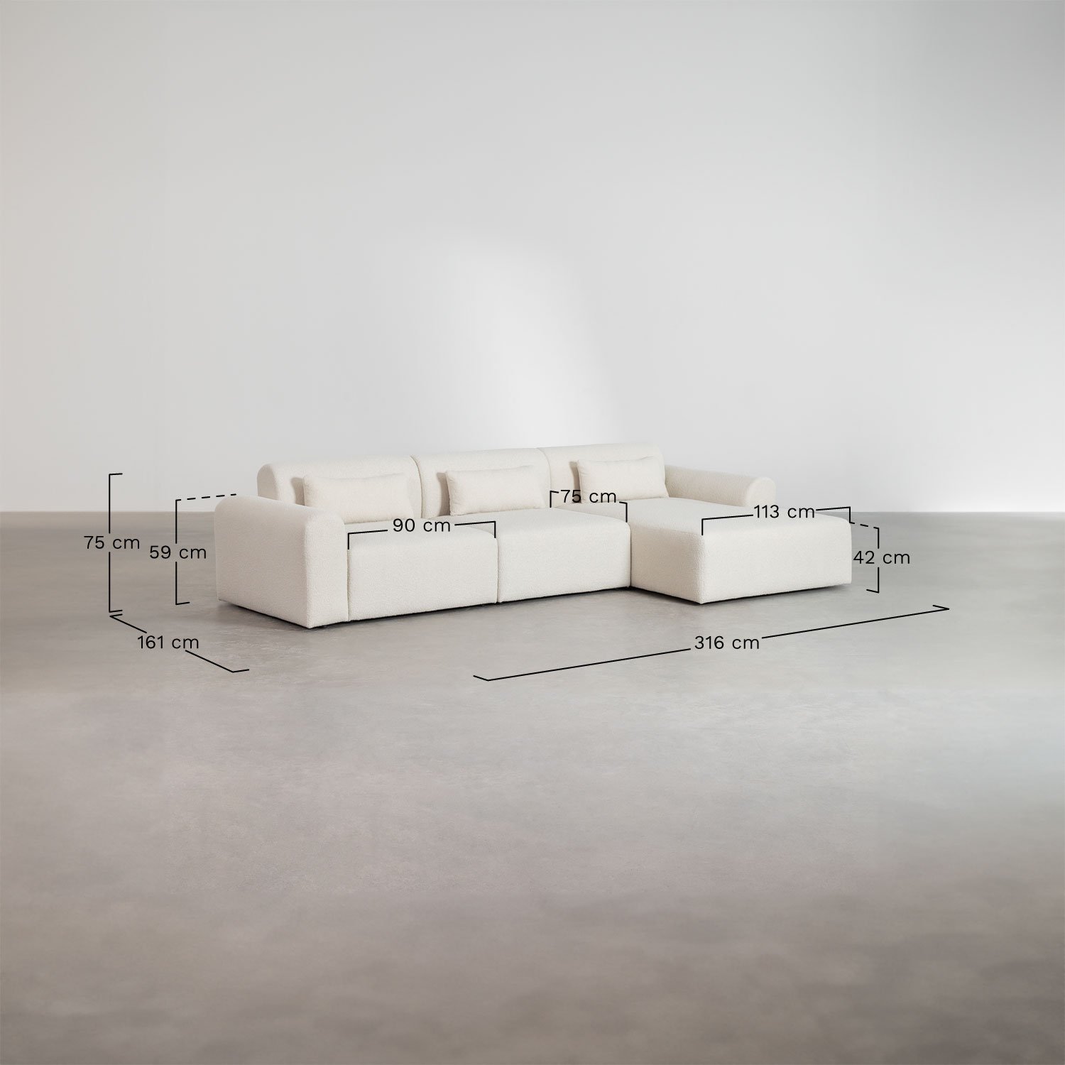 Sofá modular chaise longue derecho de 3 piezas en borreguito Borjan, medidas