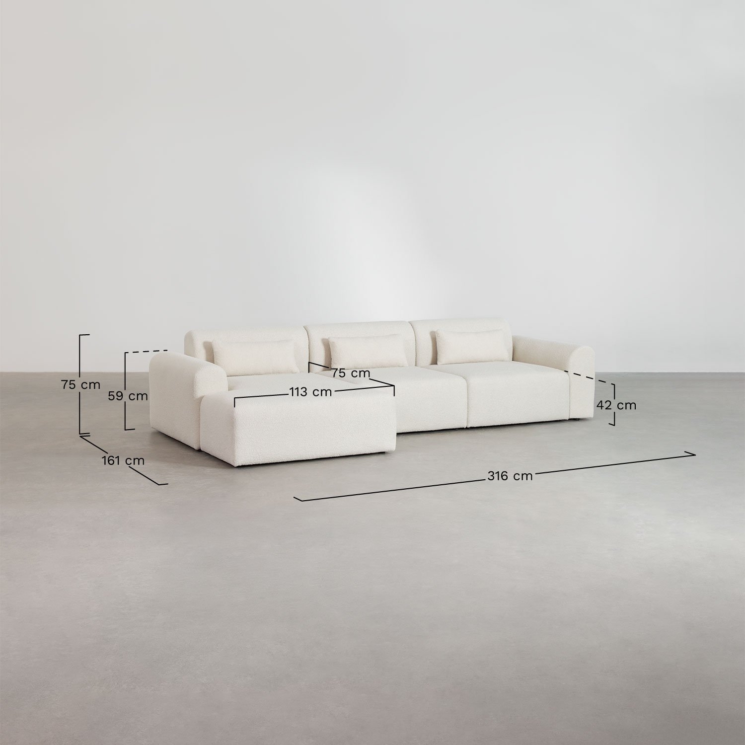 Sofá modular chaise longue izquierdo de 3 piezas en borreguito Borjan, medidas