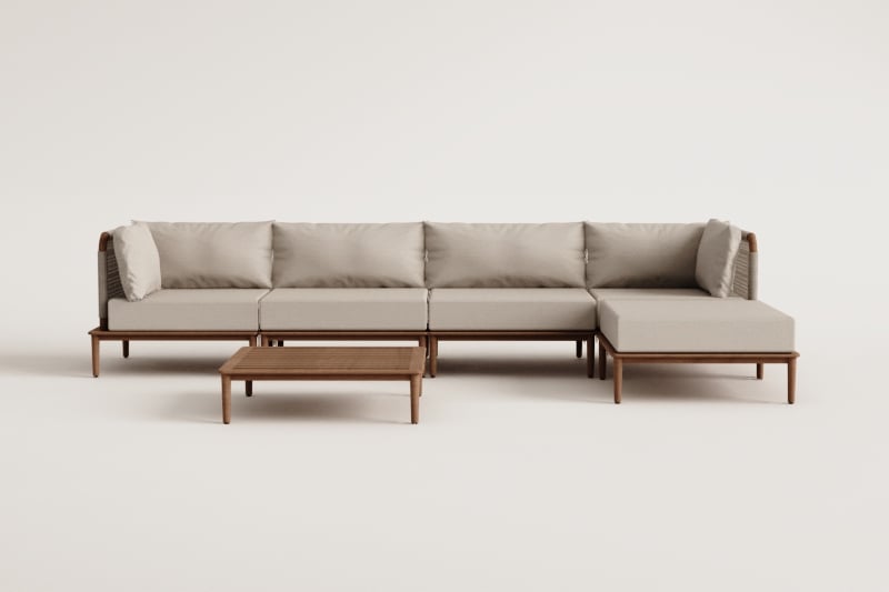 Conjunto de jardín con sofá modular de 4 piezas con 2 sillones esquineros, mesa de centro y puff en madera de acacia Giulia