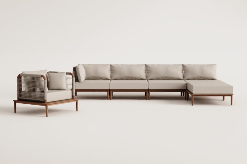 Conjunto de jardín con sofá modular esquinero de 4 piezas con puff y sillón en madera de acacia Giulia