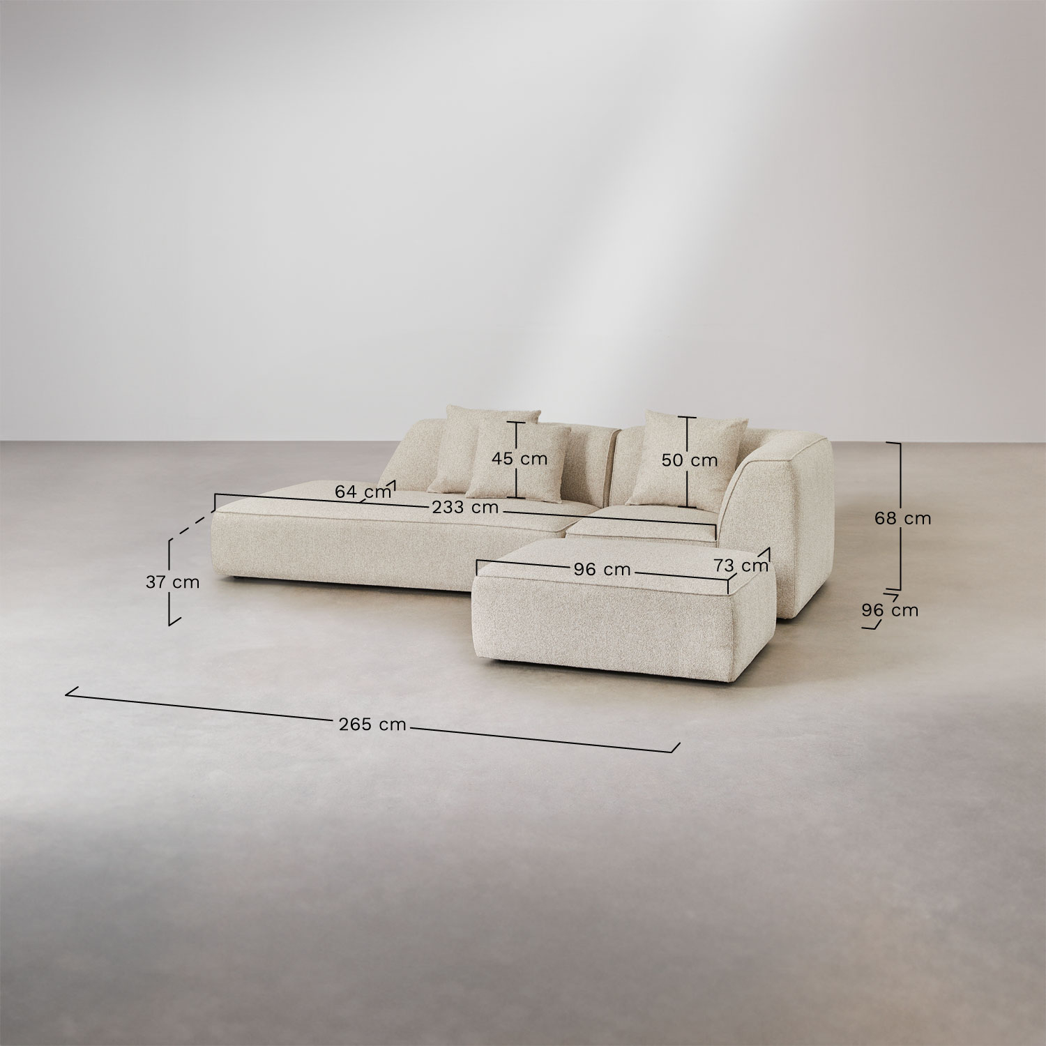 Sofá modular esquinero de 2 piezas con diván izquierdo y puff tapizado Cardea, medidas