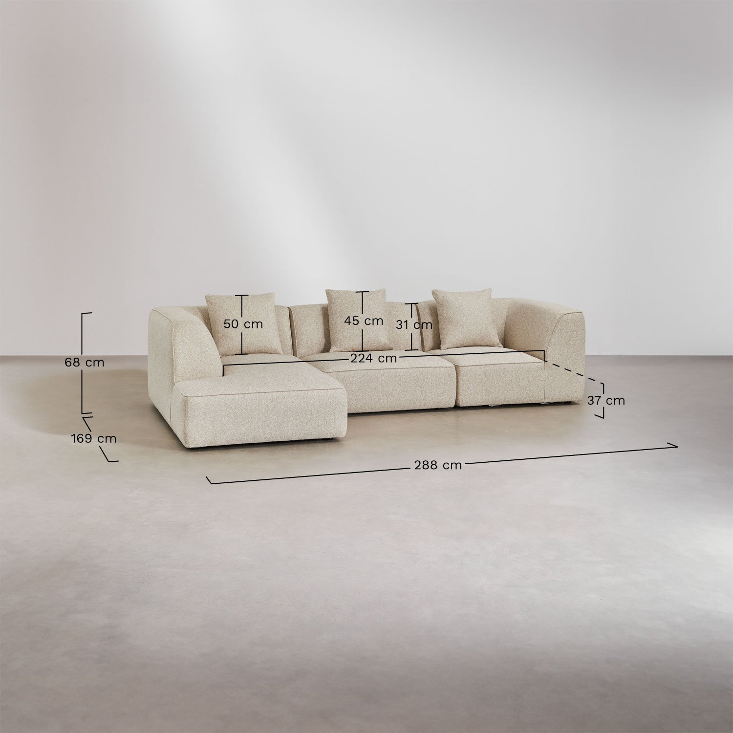 Sofá modular chaise longue izquierdo de 3 piezas tapizado Cardea, medidas