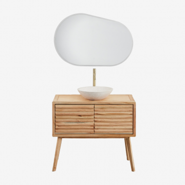 Conjunto De Mueble De Baño En Madera Deleyna Madera Natural & Redondo Cemento Blanco Ø40 Cm Zavion & Ovalado Led Y Antivaho 100x80 Cm Riben - Sklum