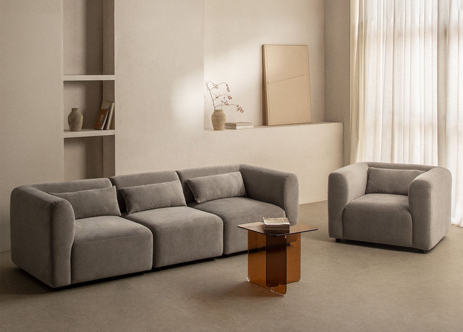 Conjunto de salón modular gris con sofá de 3 piezas y sillón
