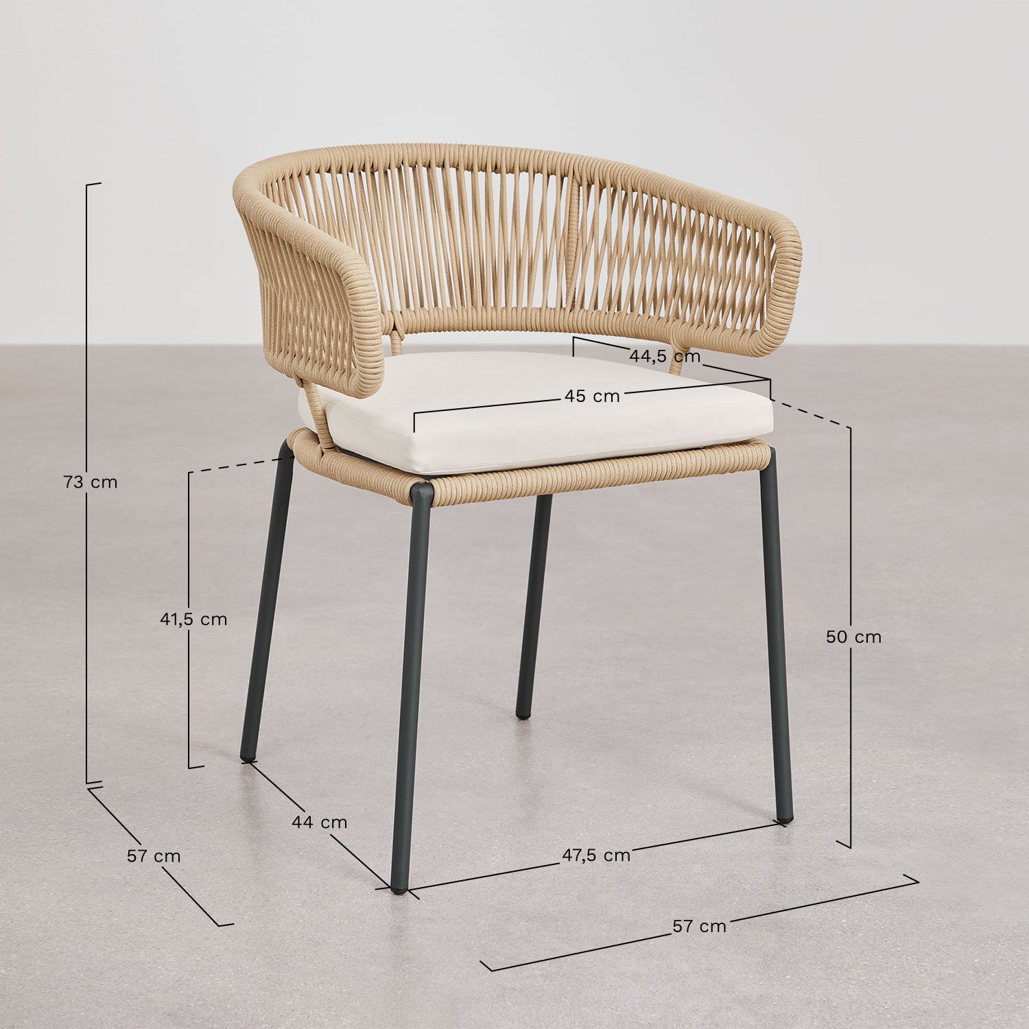 Pack de 4 sillas de comedor en hierro y cuerda trenzada Calipso, medidas