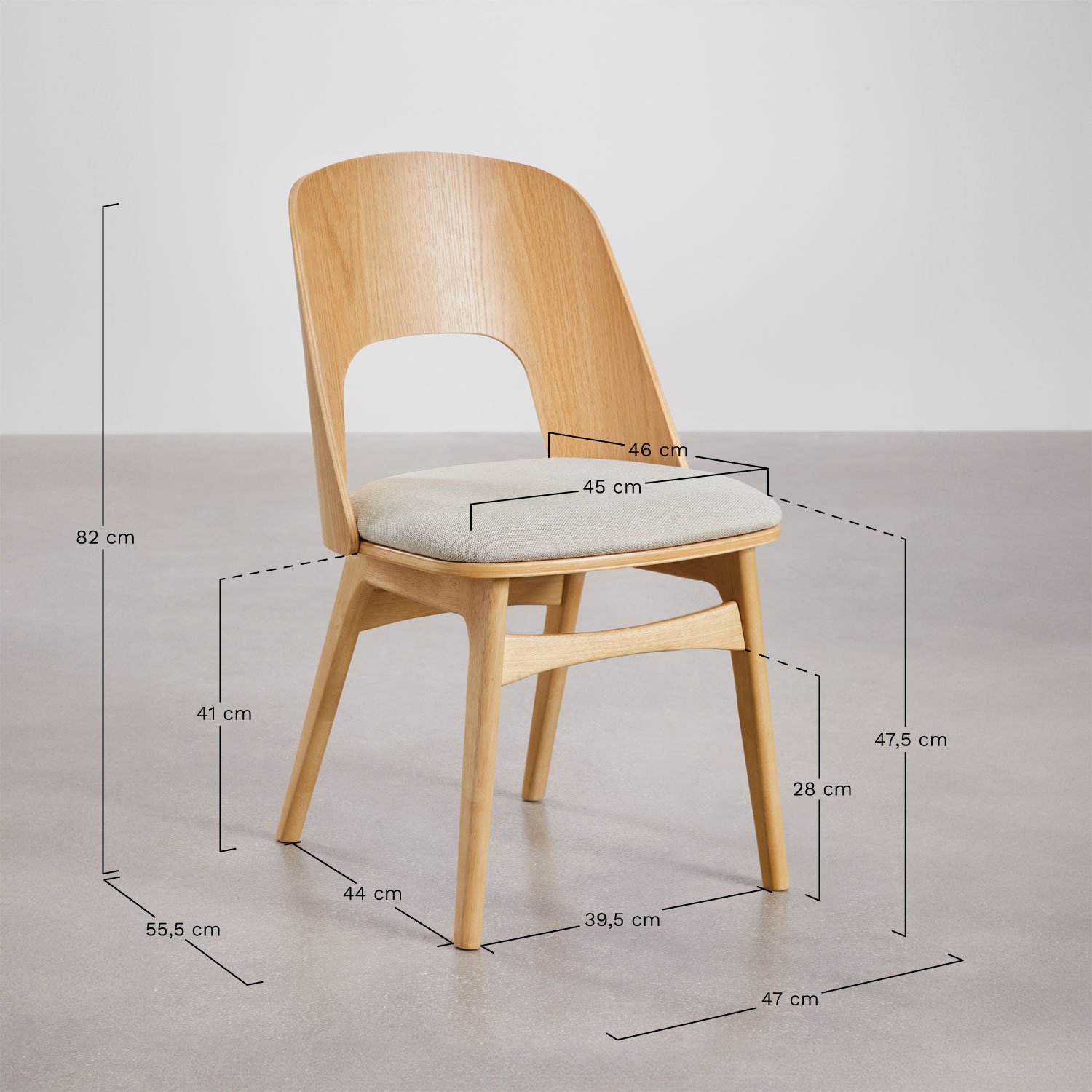 Silla de comedor en madera y tapizada Juna, medidas