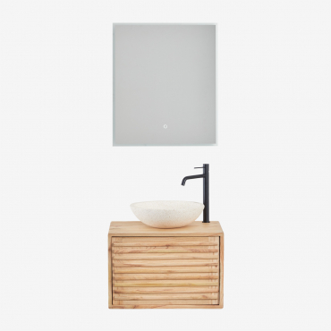 Conjunto De Mueble De Baño Suspendido En Madera Deleyna Madera Natural & Redondo Cemento Blanco Ø40 Cm Zavion & Rectangular Led Y Antivaho - Sklum
