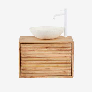 Conjunto De Mueble De Baño Suspendido En Madera Deleyna Madera Natural & Redondo Cemento Blanco Ø40 Cm Zavion & Sin Espejo - Sklum