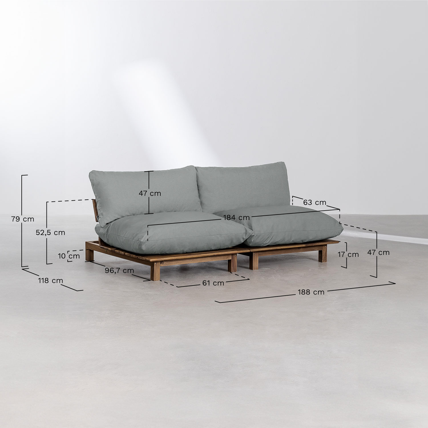 Sofá modular reclinable de 2 piezas con puff en madera de acacia Brina, medidas