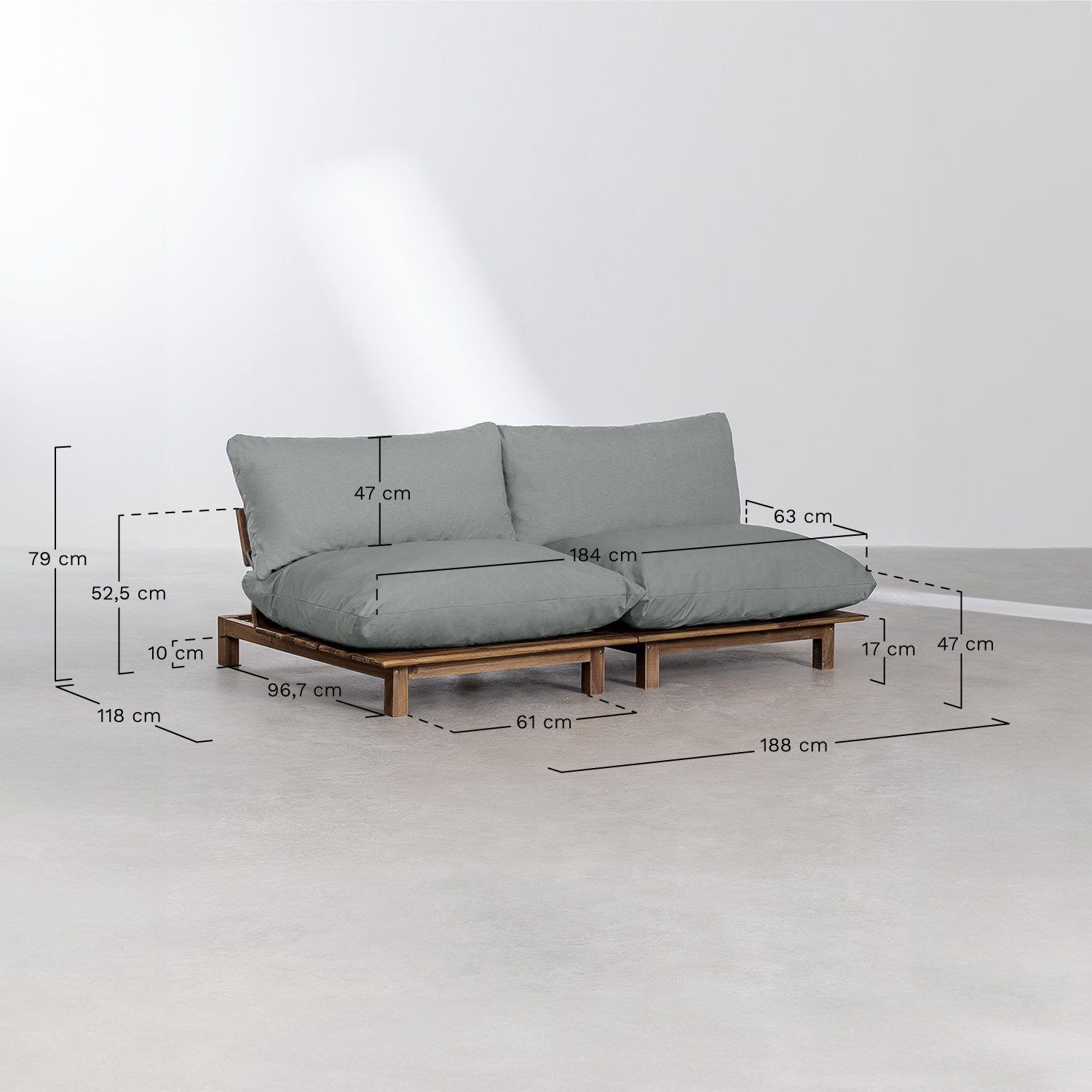 Sofá modular reclinable de jardín de 2 piezas con puff en madera de acacia Brina, medidas