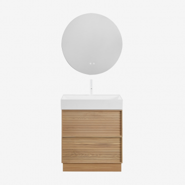 Conjunto De Mueble De Baño En Madera Con Lavabo Integrado Jolene Madera Natural & Redondo Led Y Antivaho Ø70 Cm Riben & Blanco - Sklum