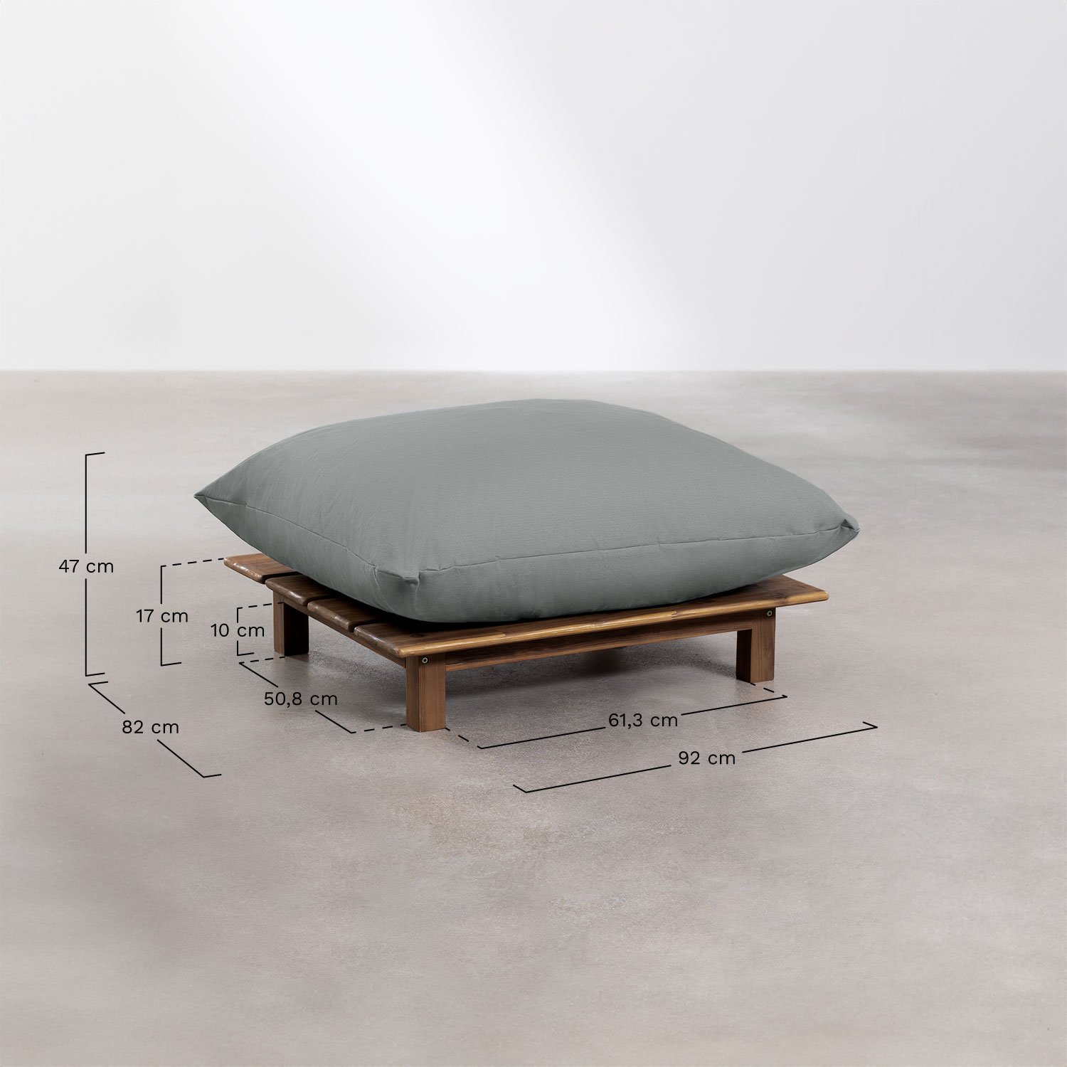 Conjunto de salón con sofá modular reclinable de 3 piezas, mesa de Centro y puff en madera de acacia Brina, medidas