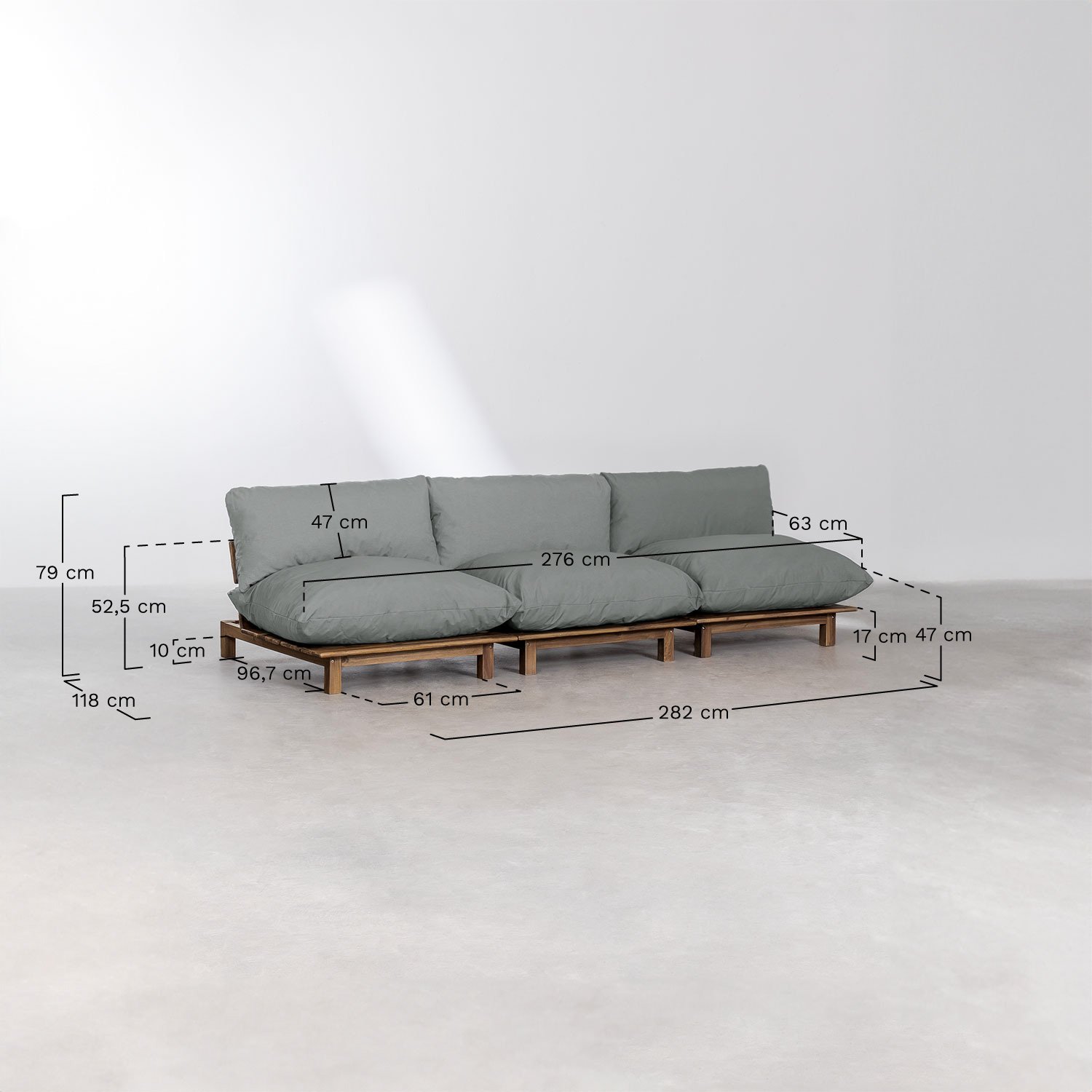 Conjunto de salón con sofá modular reclinable de 3 piezas, mesa de Centro y puff en madera de acacia Brina, medidas