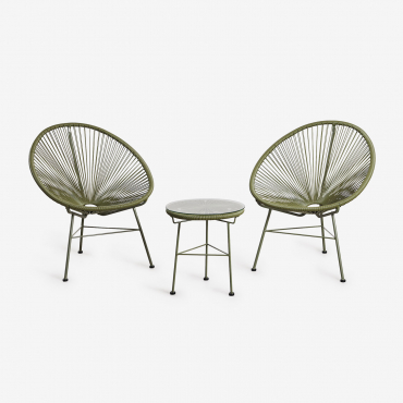 Conjunto De Salón Con 2 Sillones Y Mesa Auxiliar En Acero Y Ratán Sintético New Acapulco Verde Oliva Intenso - Sklum