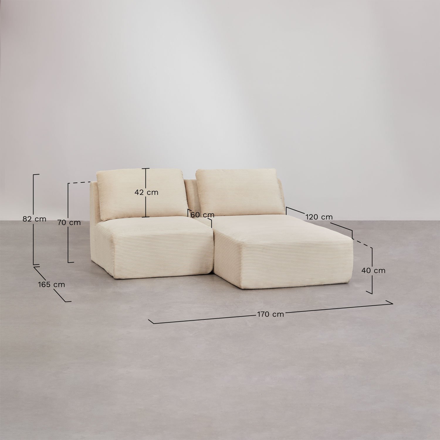 Sofá modular chaise longue derecho de 2 piezas en pana envasado al vacío Temple, medidas