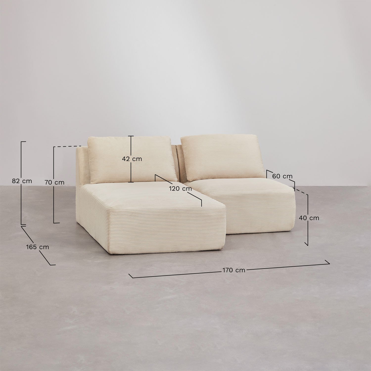 Sofá modular chaise longue izquierdo de 2 piezas en pana envasado al vacío Temple, medidas