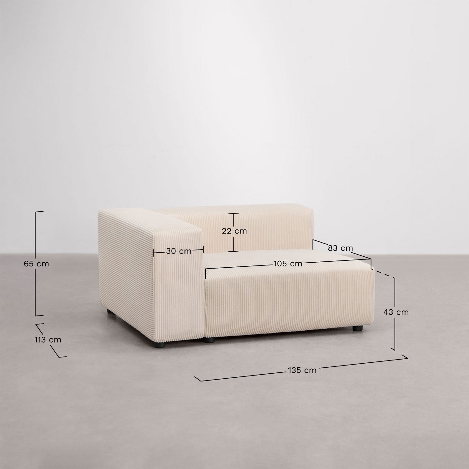 Módulo esquinero izquierdo 135x113 cm con reposabrazos alto para sofá modular Bruna , medidas