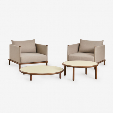 Conjunto De Salón Con 2 Sillones Y 2 Mesas De Centro Redondas En Madera De Acacia Olivia Beige Semoline & Marrón Acacia Oscuro - Sklum