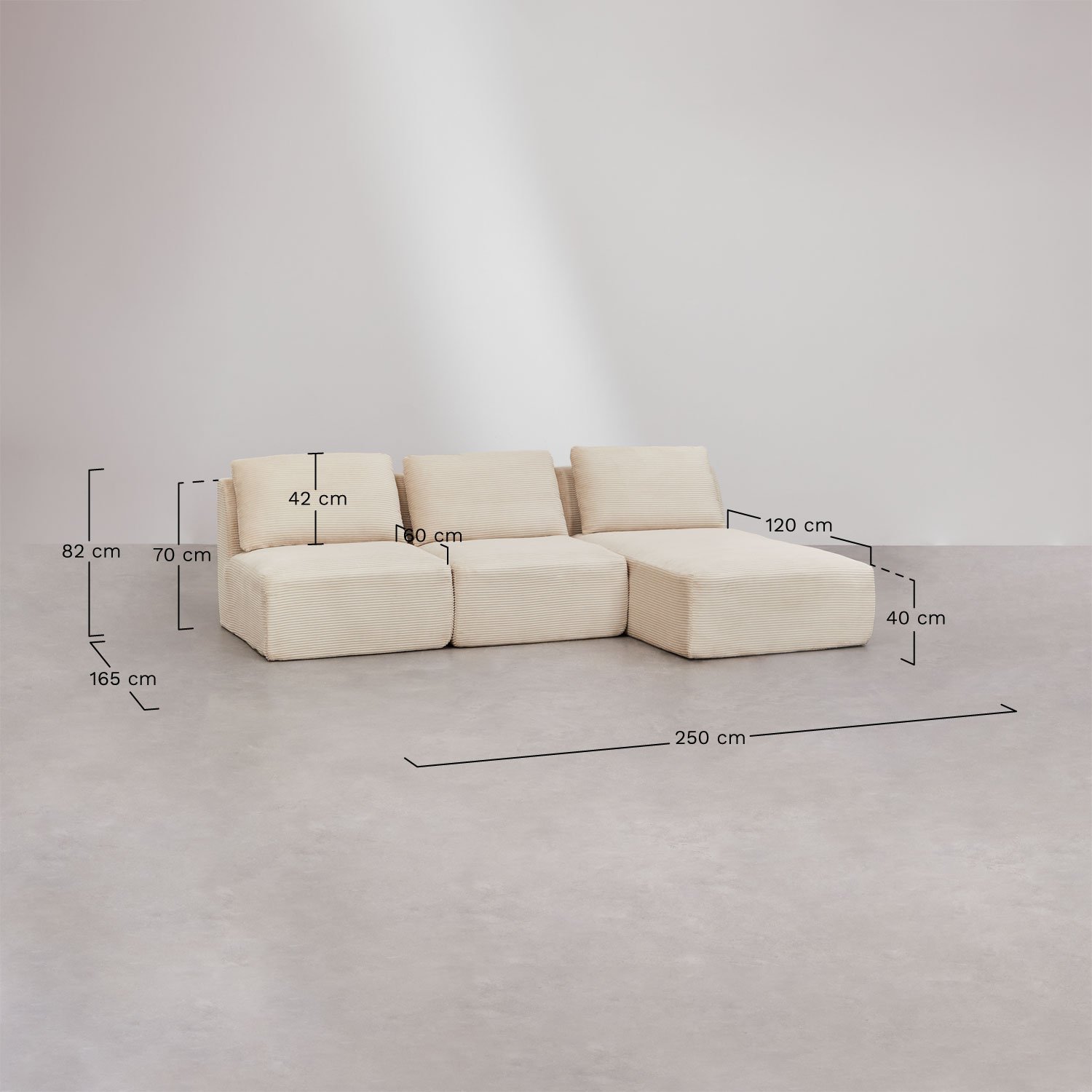 Sofá modular chaise longue derecho de 3 piezas en pana envasado al vacío Temple, medidas