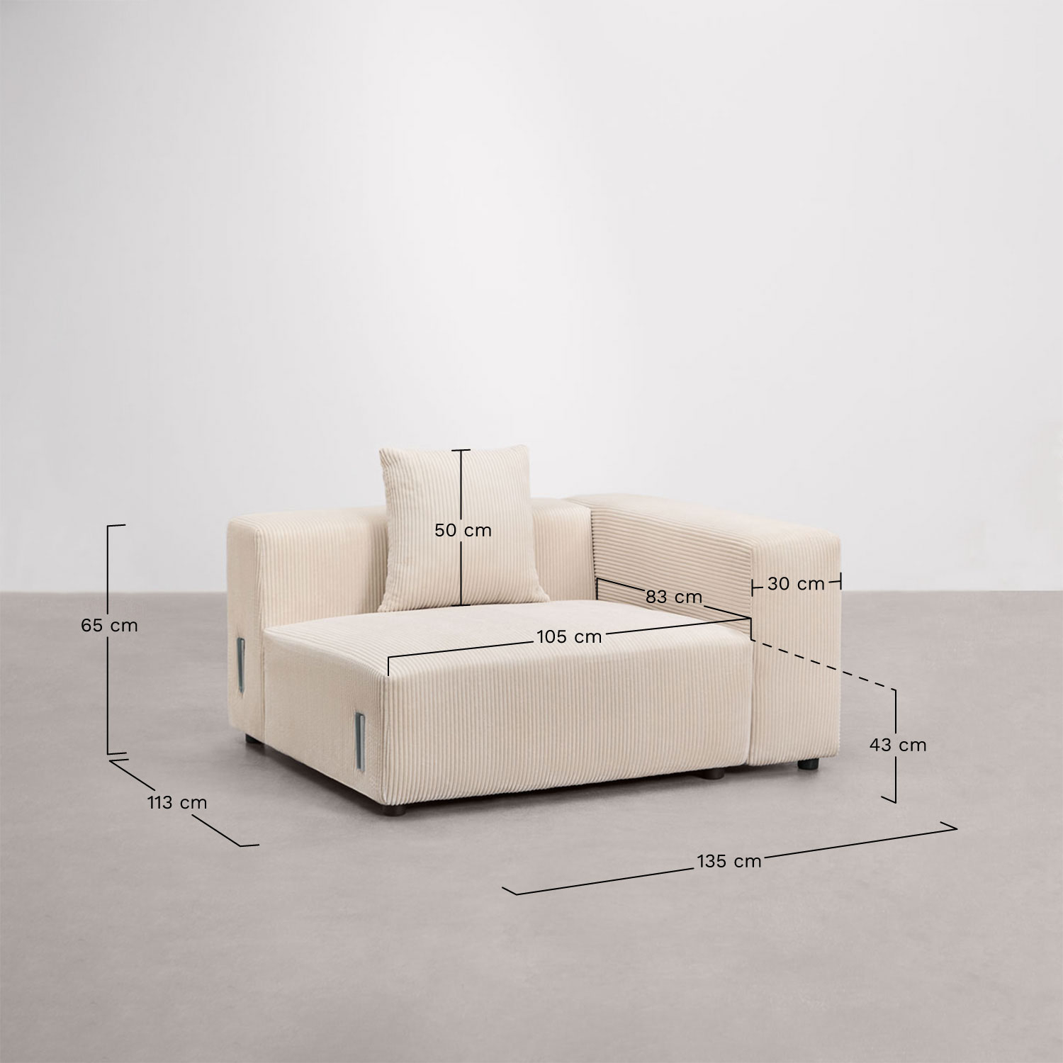 Módulo esquinero derecho 135x113 cm con reposabrazos alto y cojín para sofá modular Bruna, medidas