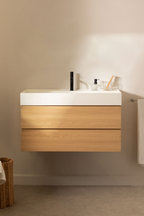 Conjunto de mueble de baño suspendido en madera y chapa de fresno con lavabo integrado Ona - Madera Natural