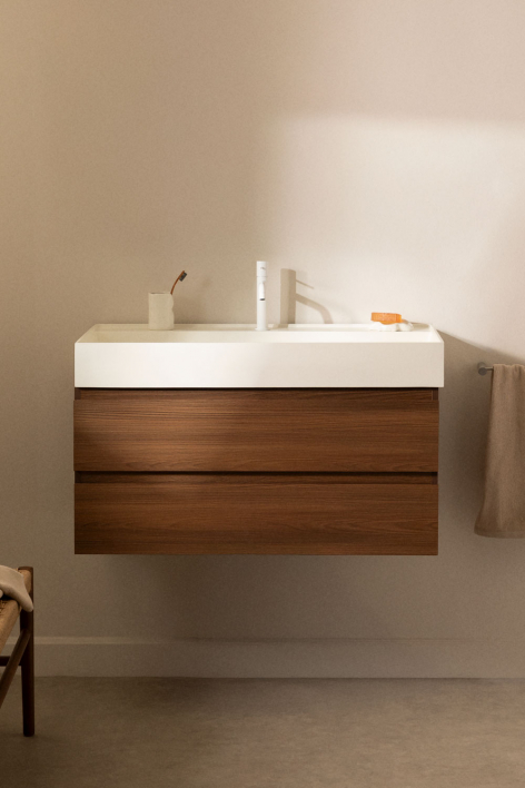 Conjunto de mueble de baño suspendido en madera y chapa de fresno con lavabo integrado Ona - Madera Oscura