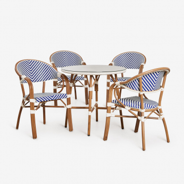 Set De Mesa Redonda Ø80 Cm Y 4 Sillas De Comedor Apilables Con Reposabrazos En Aluminio Brielle Bistro Azul Ken - Blanco Gardenia - Sklum