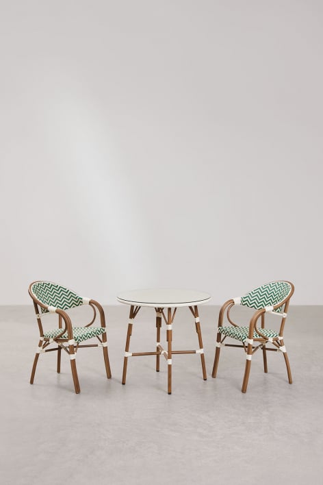 Set de mesa redonda Ø80 cm y 2 sillas de comedor apilables con reposabrazos en aluminio Brielle Bistro - Verde Col - Blanco Gardenia