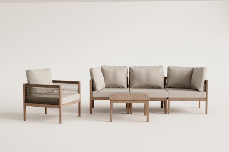 Conjunto de jardín con sofá modular de 3 piezas con reposabrazos, sillón y mesa de centro en madera de acacia Branson 