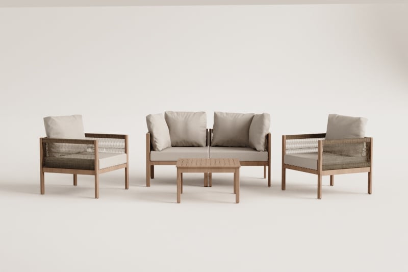 Conjunto de jardín con sofá modular de 2 piezas con reposabrazos, 2 sillones y mesa de centro en madera de acacia Branson