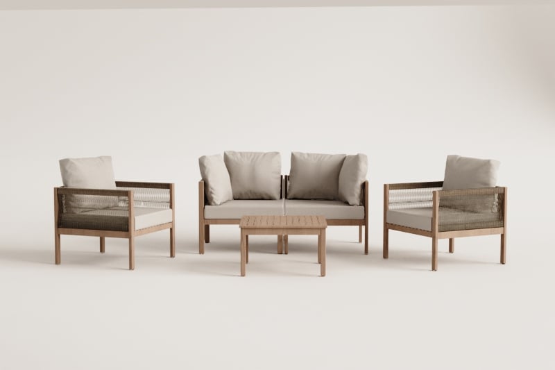 Conjunto de salón con sofá modular de 2 piezas con reposabrazos, 2 sillones y mesa de centro en madera de acacia Branson