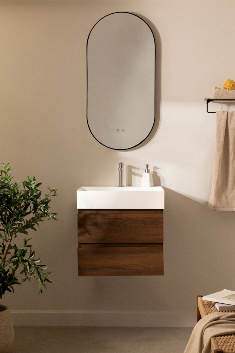 Conjunto de mueble de baño suspendido en madera y chapa de fresno con lavabo integrado Ona - Madera Oscura