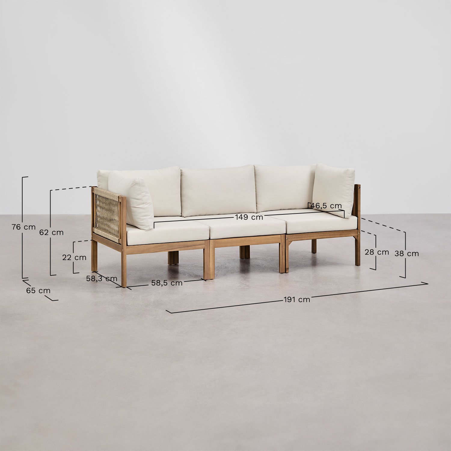 Conjunto de salón con sofá modular de 3 piezas con reposabrazos y mesa de centro en madera de acacia Branson , medidas