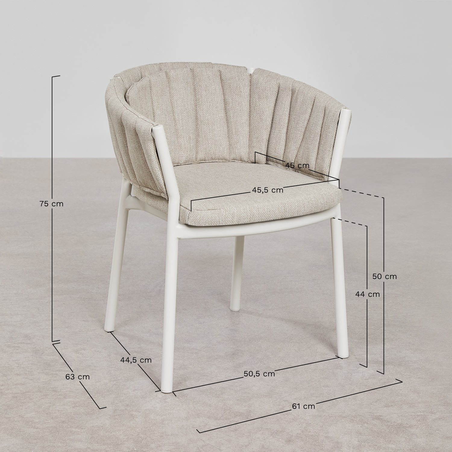 Pack de 4 sillas de comedor con reposabrazos en alumino y tela Roderise, medidas