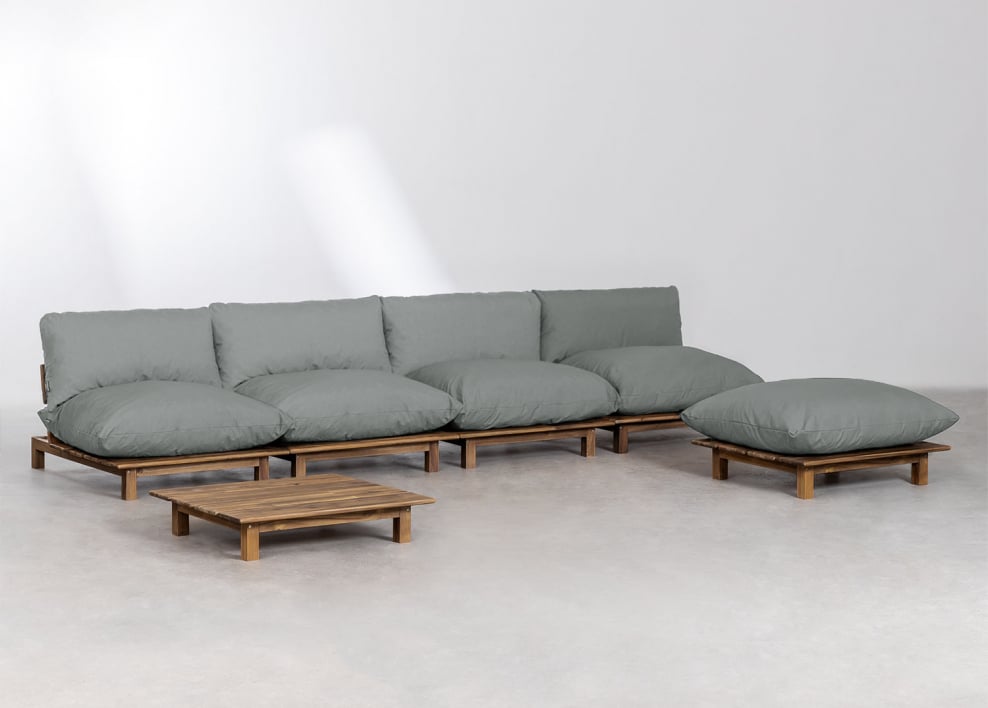 Conjunto de salón de sofá modular reclinable de 4 piezas, mesa de centro y puff en madera de acacia Brina - Gris Antracita