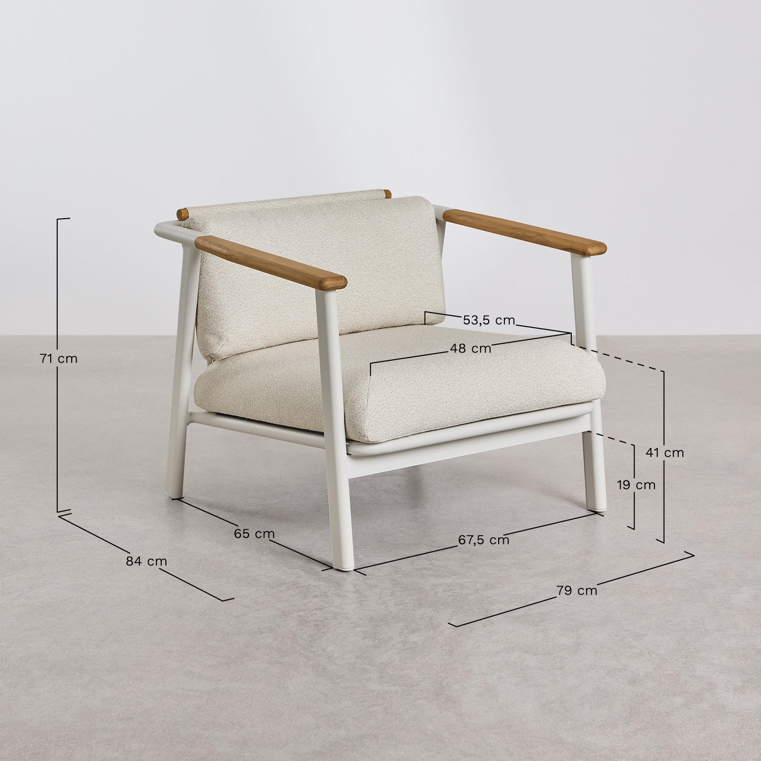 Sillón en aluminio y tela bouclé Yervin, medidas