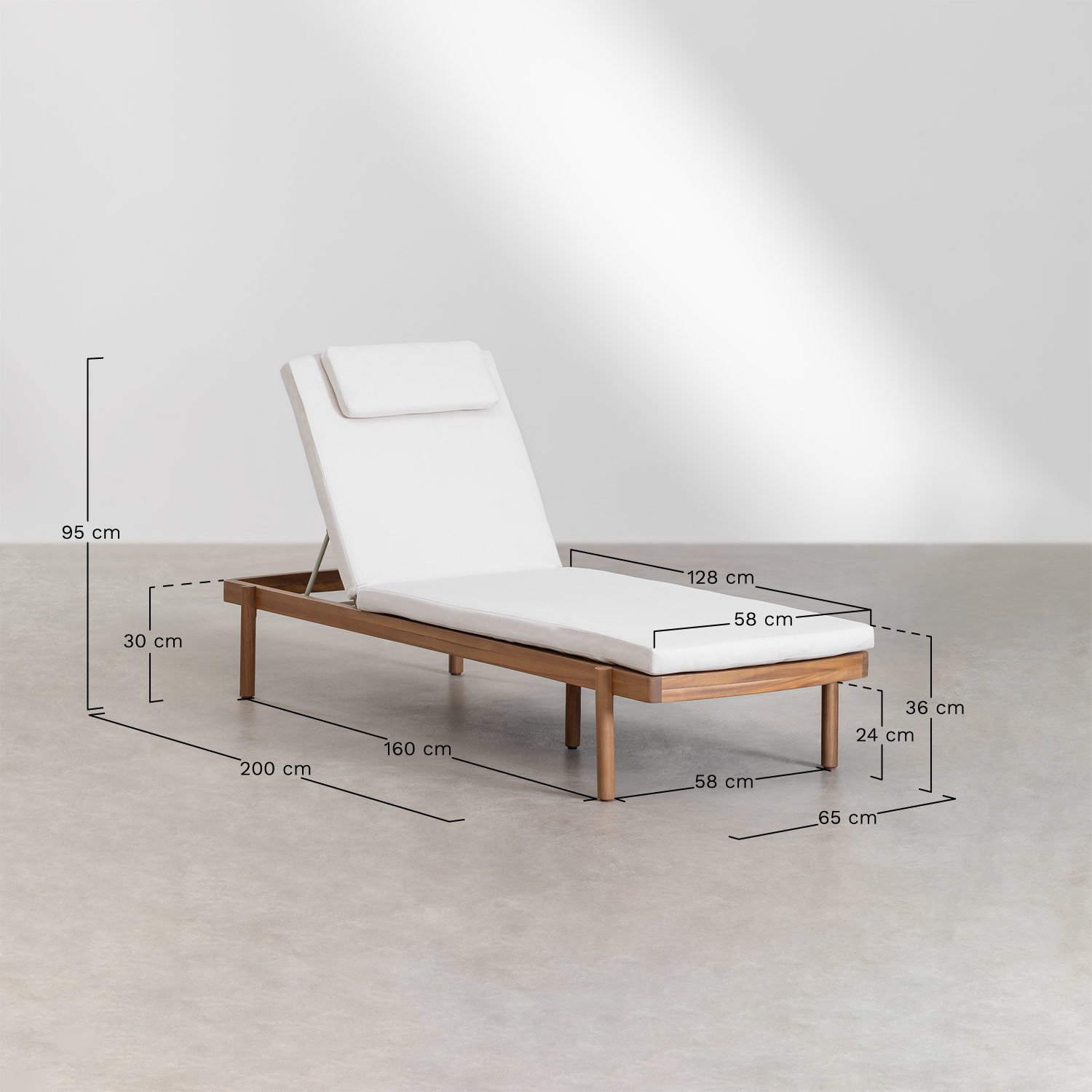 Tumbona reclinable en madera de acacia con cojín Aderyn, medidas