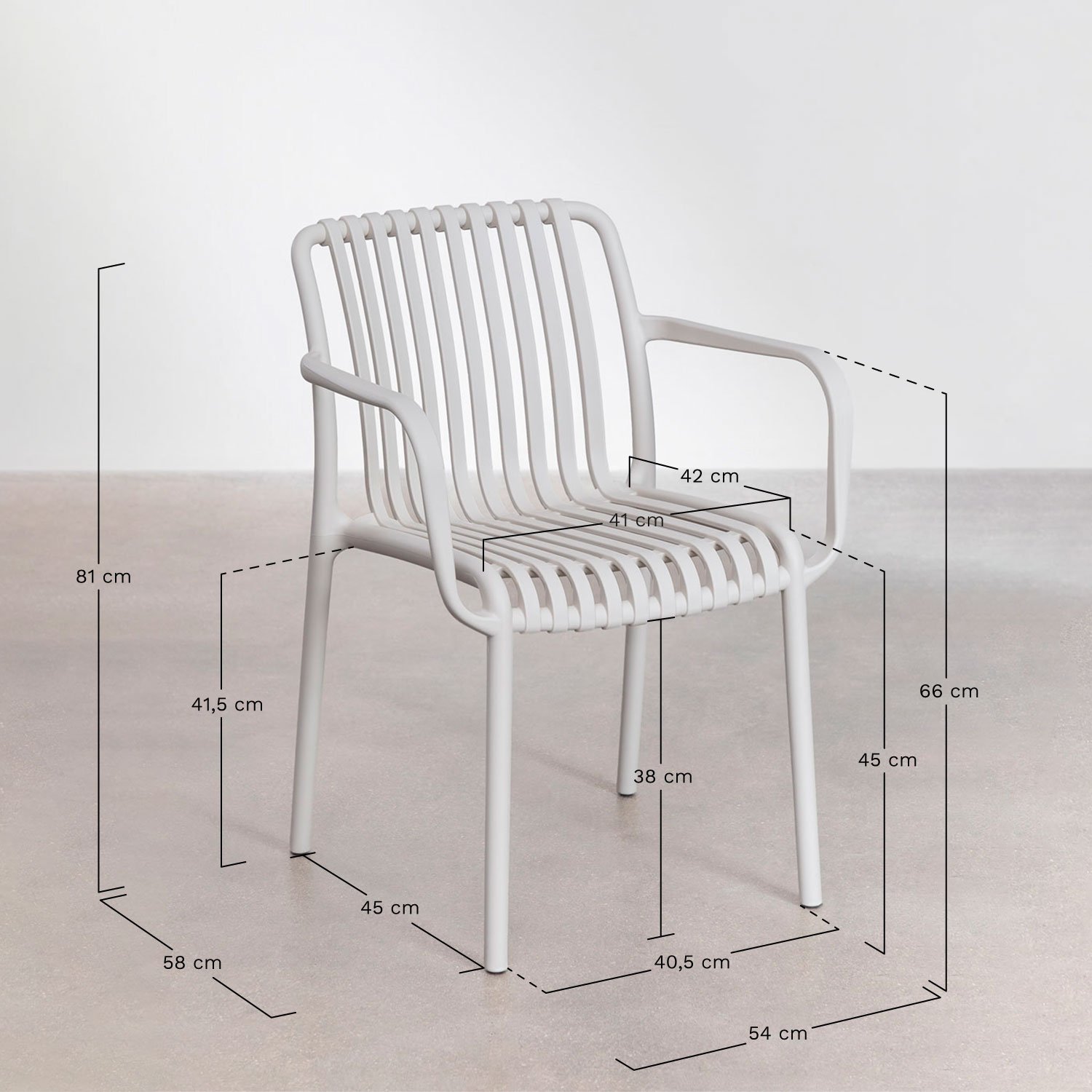 Silla de comedor con reposabrazos en polipropileno Wendell, medidas