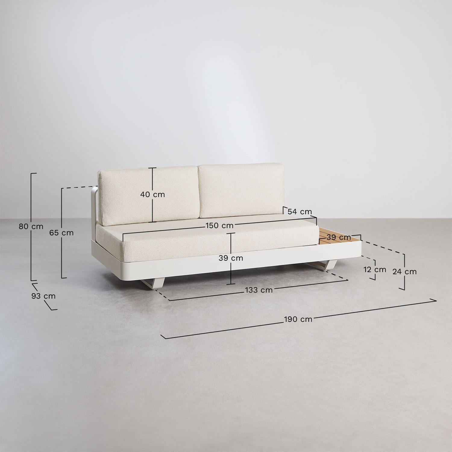 Sofá modular de 2 plazas en aluminio con mesa auxiliar derecha en madera de teca Yarilo, medidas