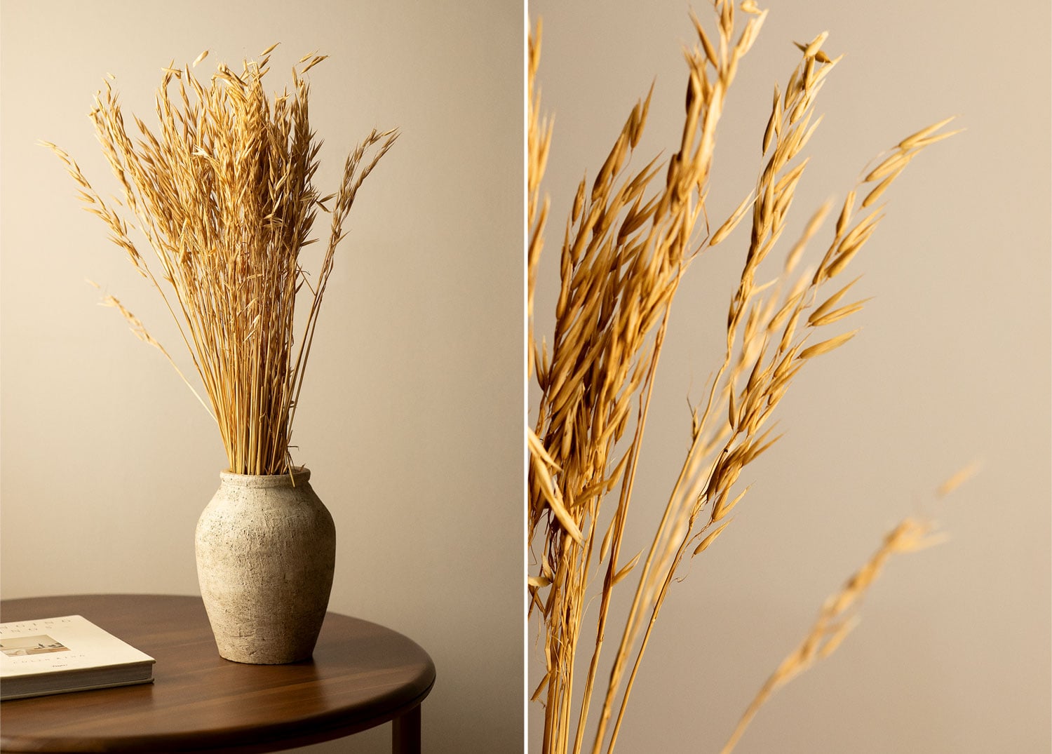 jarrón cerámica beige, decoración espigas secas