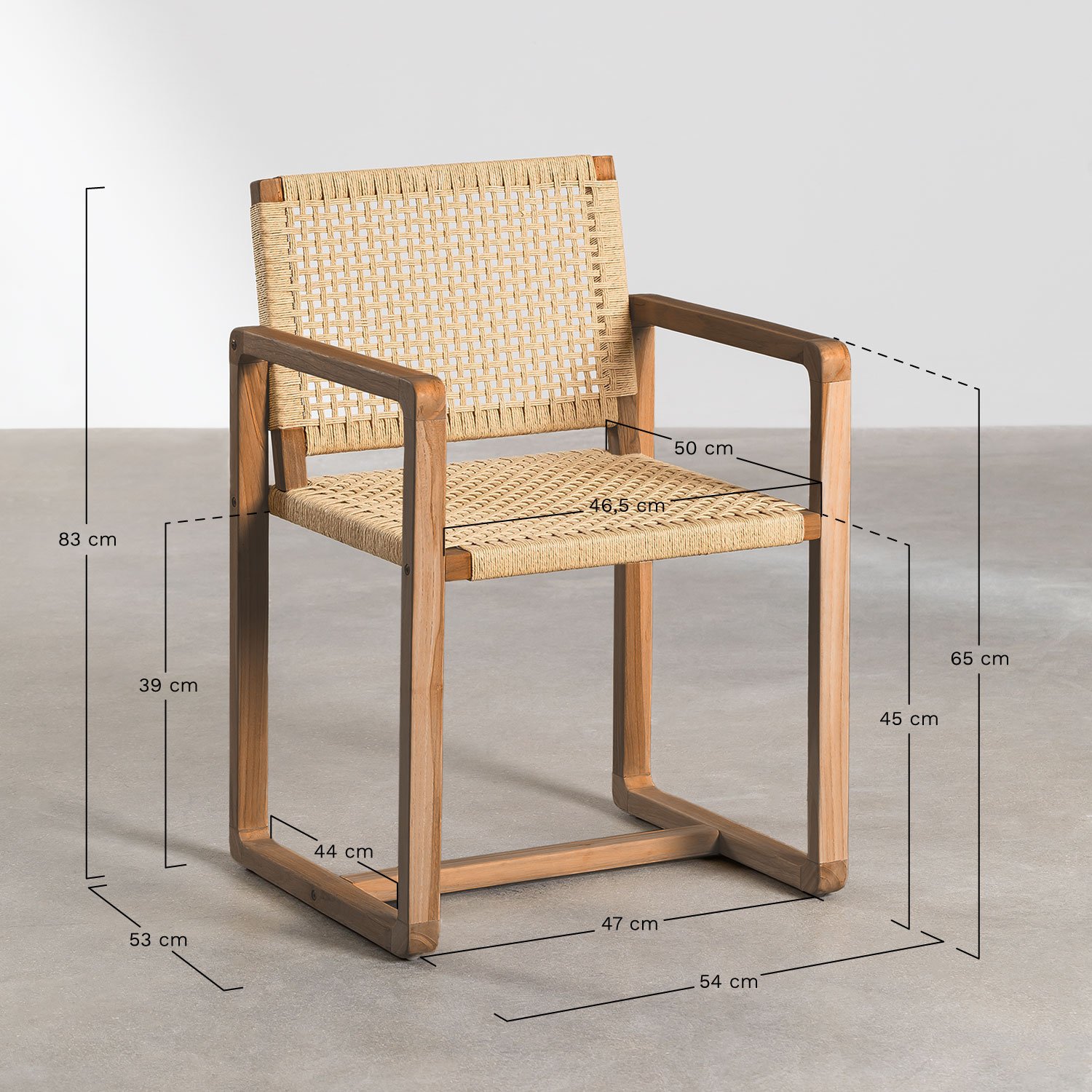 Pack de 2 sillas de comedor con reposabrazos en madera de teca Monsxau, medidas