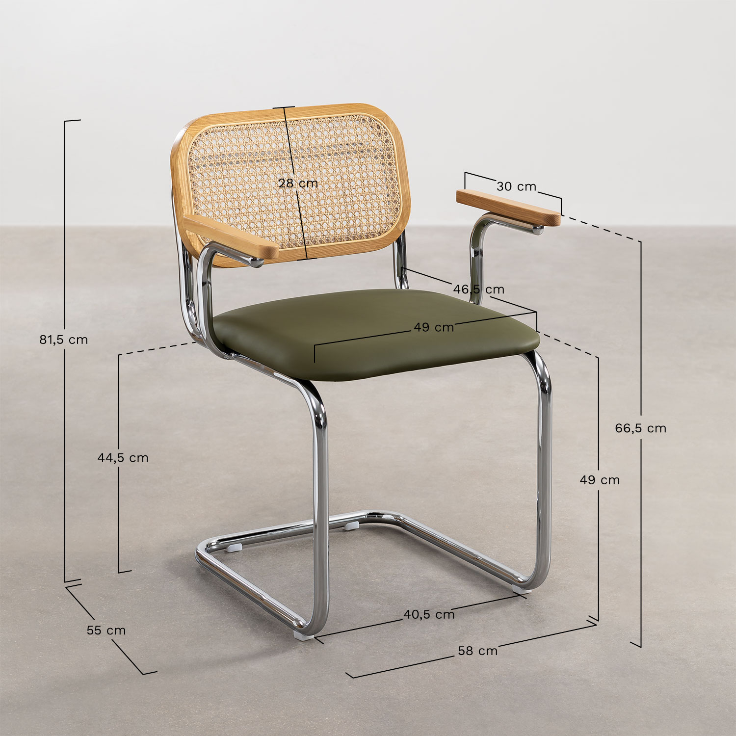 Pack de 2 sillas de comedor con reposabrazos en polipiel Tento, medidas