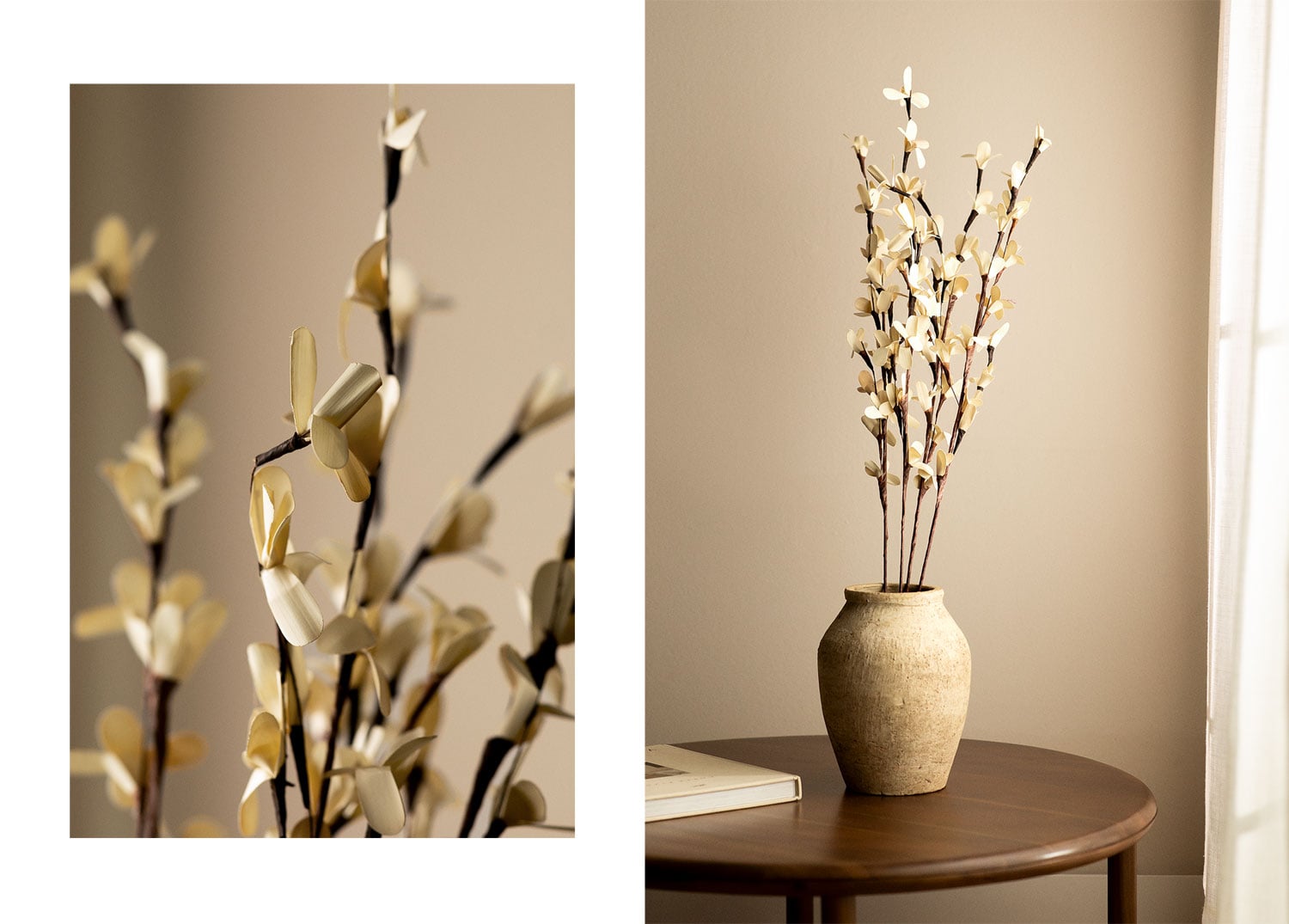 Jarrón decorativo con flores de papel beige