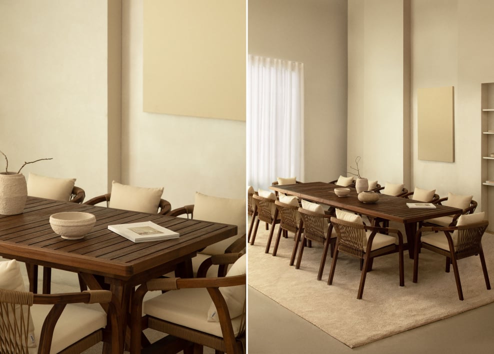 Set de mesa rectangular 200-260-320x100 cm extensible y 12 sillas de comedor con reposabrazos en madera de acacia Dubai