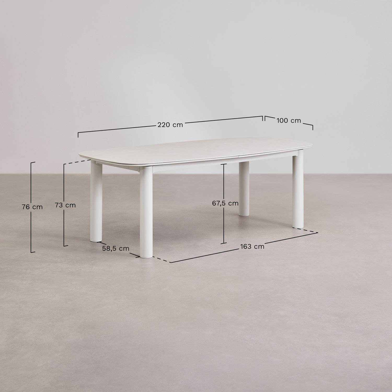 Mesa de jardín rectangular 220-280x100 cm extensible en cerámica y aluminio Zinti, medidas