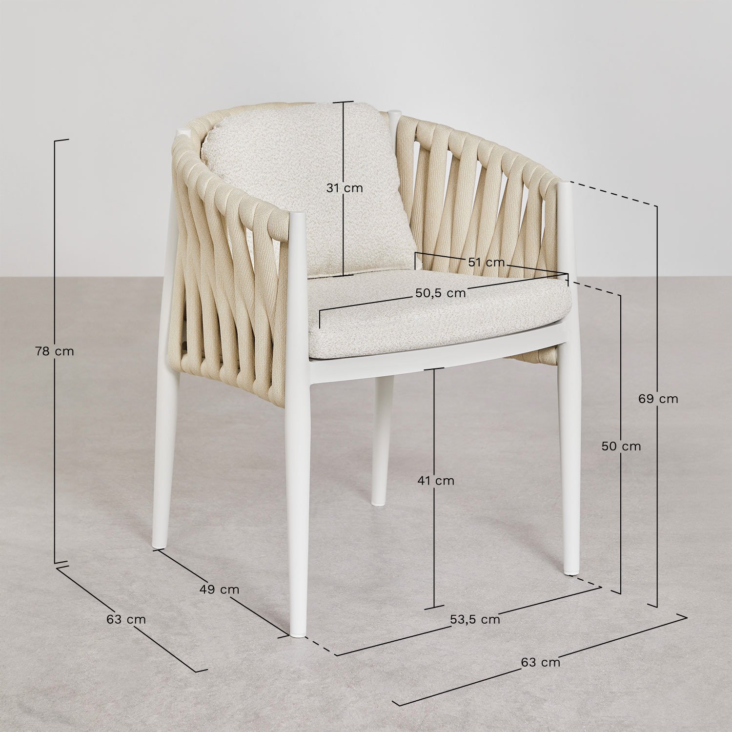 Pack de 2 sillas de jardín con reposabrazos en aluminio y tela bouclé Sereilen, medidas