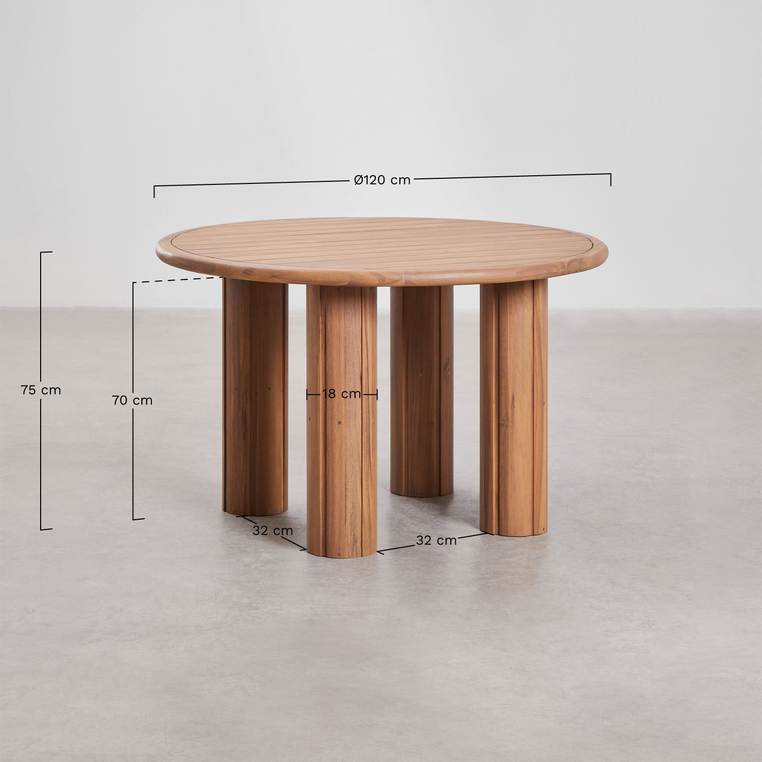Set de mesa redonda Ø120 cm en madera de acacia y 6 sillas de jardín en madera de acacia y ratán sintético Ginara, medidas